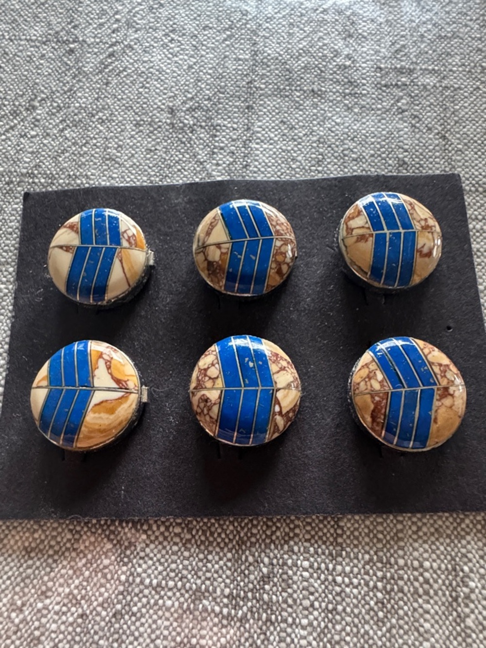 Set of 6 Round Blue and Cream Inlay Buttons